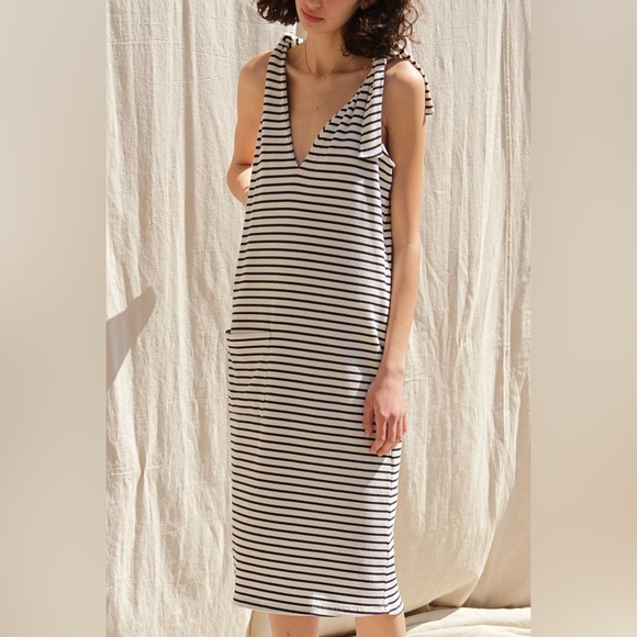 Rita Row Concha Navy/White Stripe Tie Straps V Neck Cotton Blend S - Picture 3 of 8